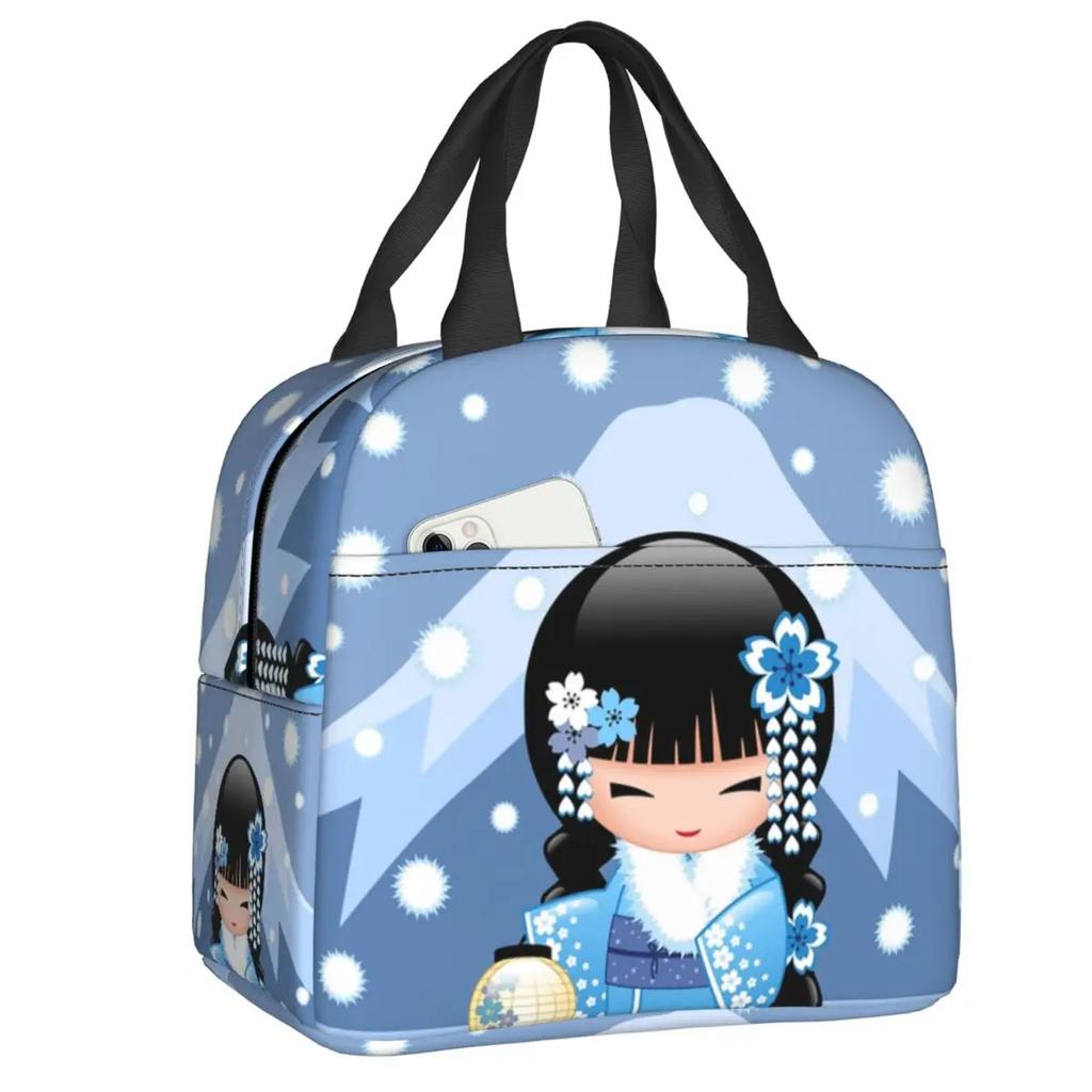 Japanese Spring Kokeshi Doll Insulated Lunch Bags Cute Girly Sakura Cherry Blossom Resuable Thermal Cooler Bento Box