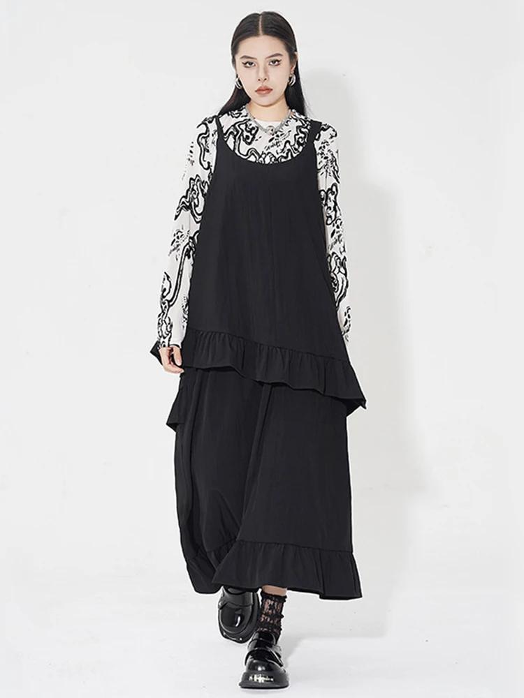 Xitao Loose Patchwork Ruffles Sling Dress Temperament Casual Women HQQ2317