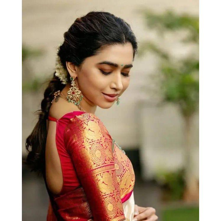 Nuovo Lancio - Morbido Saree di Seta Litchi con Ricco Pallù e Lavoro Jacquard su Tutta la Superficie