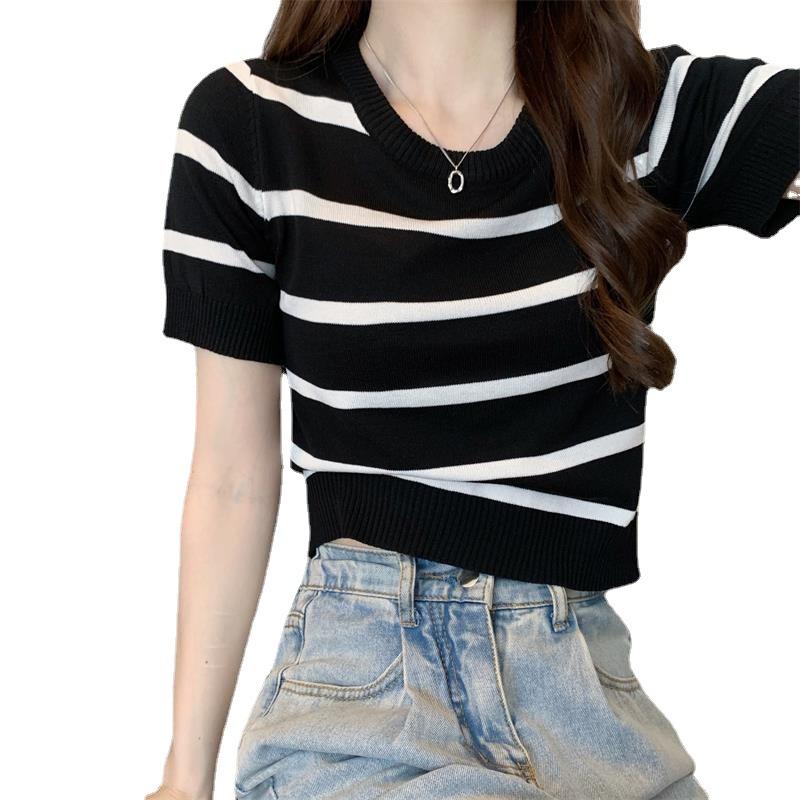 Tenké retro pruhované pletené tričko s kulatým výstřihem a krátkým rukávem, letní topy, dámské ležérní, základní pohodlí a styl, slim fit svetry, trička