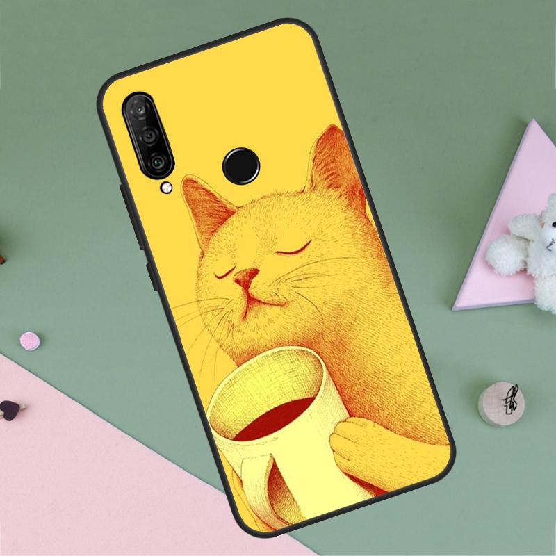 Cute Animal Cat Coffee For Huawei Nova 12i 12s 11i 8i 7i 9 10 SE Y90 Y60 Y70 Y72 Y61 Y91 P30 P40 Lite P60 Pro Case