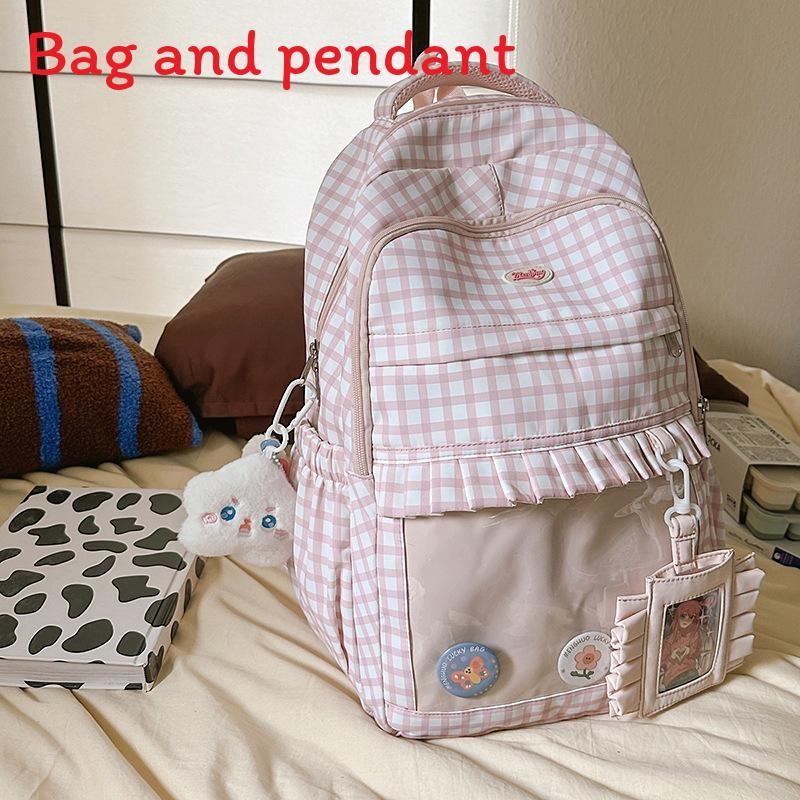 Checkered Pattern Sweet Lace Design Student Backpack With Plush Decor Pendant