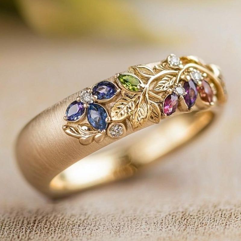 Gorgeous Inlaid Multicolored CZ Leaf Women's Ring Trendy Gold Color Geometry Daily Wear Party Jewelry Anniversary Gift