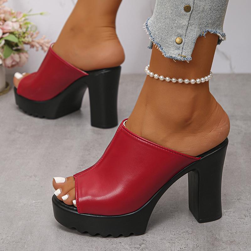 Fashion Women's Chunky High Heel Mules Fish Mouth Slip-On Platform Sandals Women Summer 2025 Fashion PU Leather Outdoor Sandalias Mujer