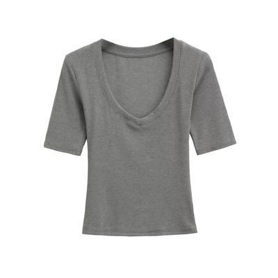 Top de manga 3/4 con cuello en V profundo ajustado para mujer, color liso, básico, casual, sexy, camiseta, jersey