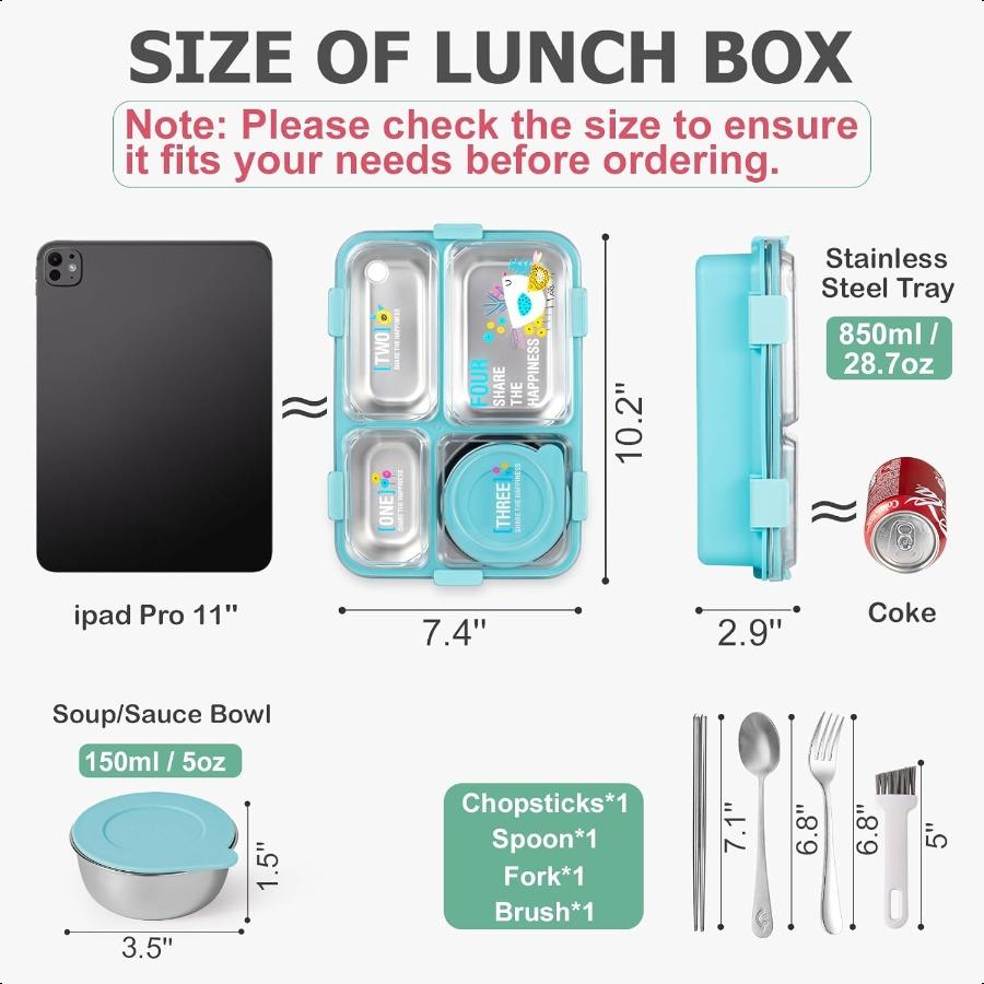 

Stainl Steel Adult Lunch Box 28.7oz 4Compartment Cute Bento Box Snack Containers with 5oz Soup Condiment Cup Food Storage Conta United States