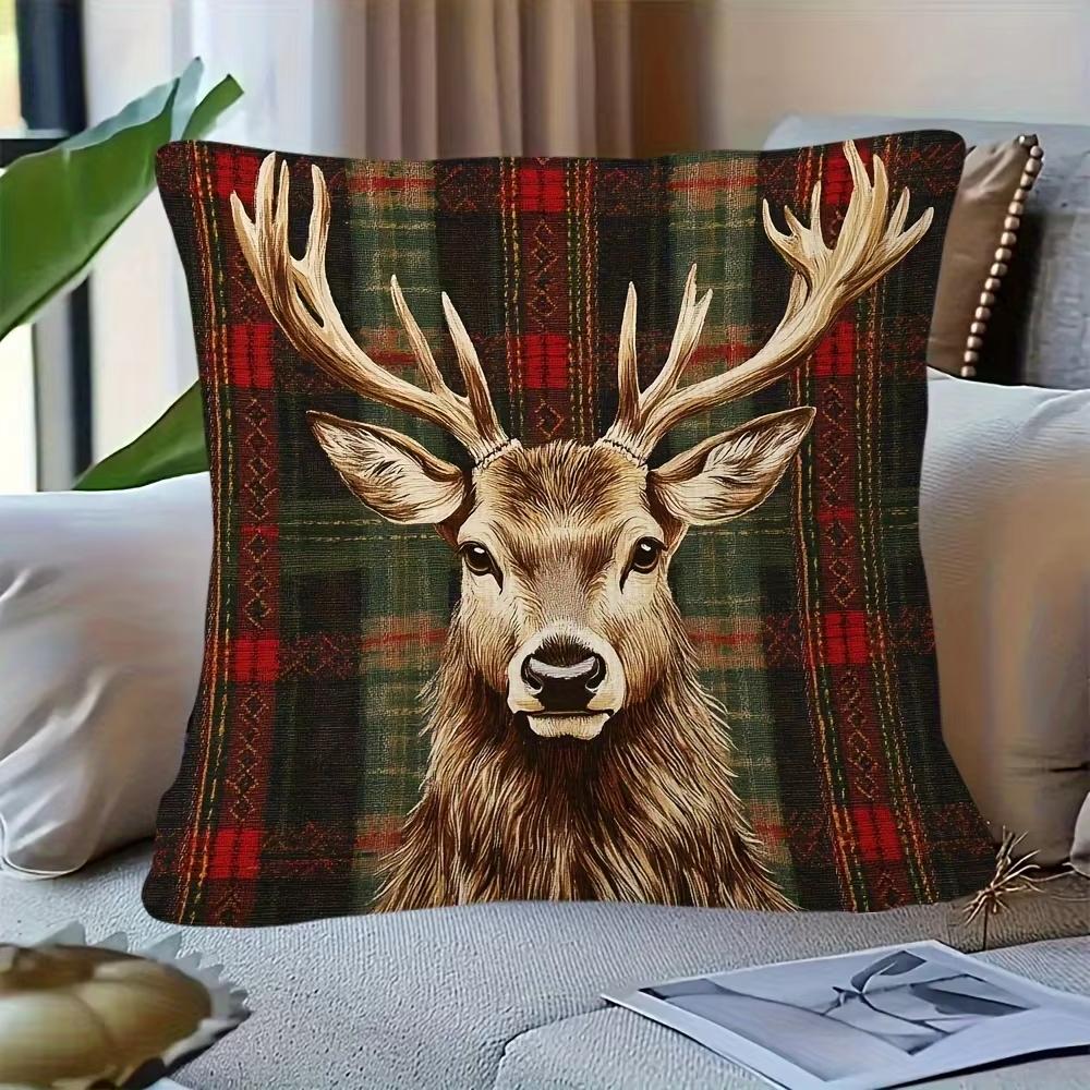 1 Stück Vintage karierter Hirsch Kissenbezug, Polyester 2D beidseitiger Druck, Feiertagsgeschenk Kissenhülle für Schlafzimmer Sofa