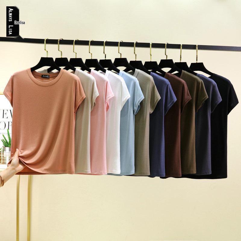 Plus Size Women's Slim Fit Solid Crew Neck Modal T-Shirt - Korean Style Summer Top
