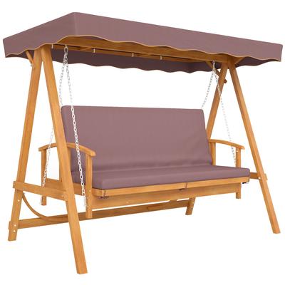 Hollywood Swing with Sun Canopy, Solid Wood Garden Swing, Swing Bench with Reclining Function, for 3 People, Brown
