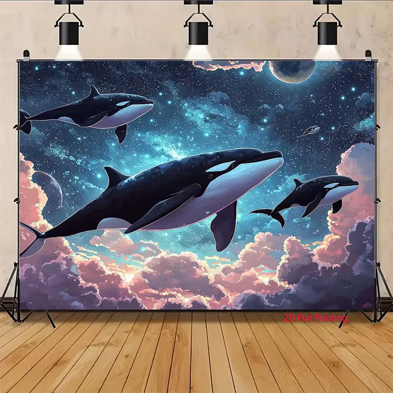 2D Whales Swimming in Space Galaxy Backdrop Cloth for Space Theme Party