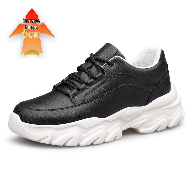 Men's Hidden Height Sports Casual Shoes - Spring Low-Top, Cowhide Upper, Thick Sole, White Running Board Shoes