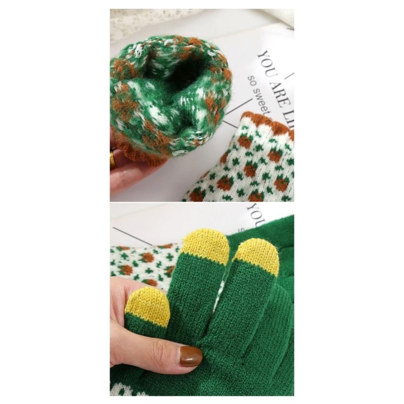 Flower Pattern Knitted Gloves For Women Girl Stylish Design Windproof Thick Warm Handwear for Cycling Skiing Daily Use