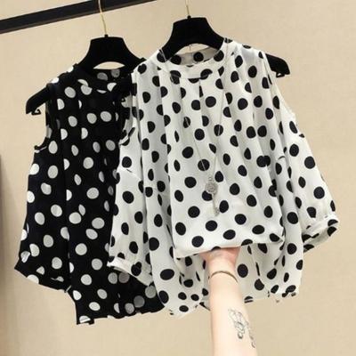 Dames Top Ronde Hals Off Shoulder Lange Mouw Stippenprint Elegant Los Zomer Dames Pullover Shirt Top Dagelijkse Kleding
