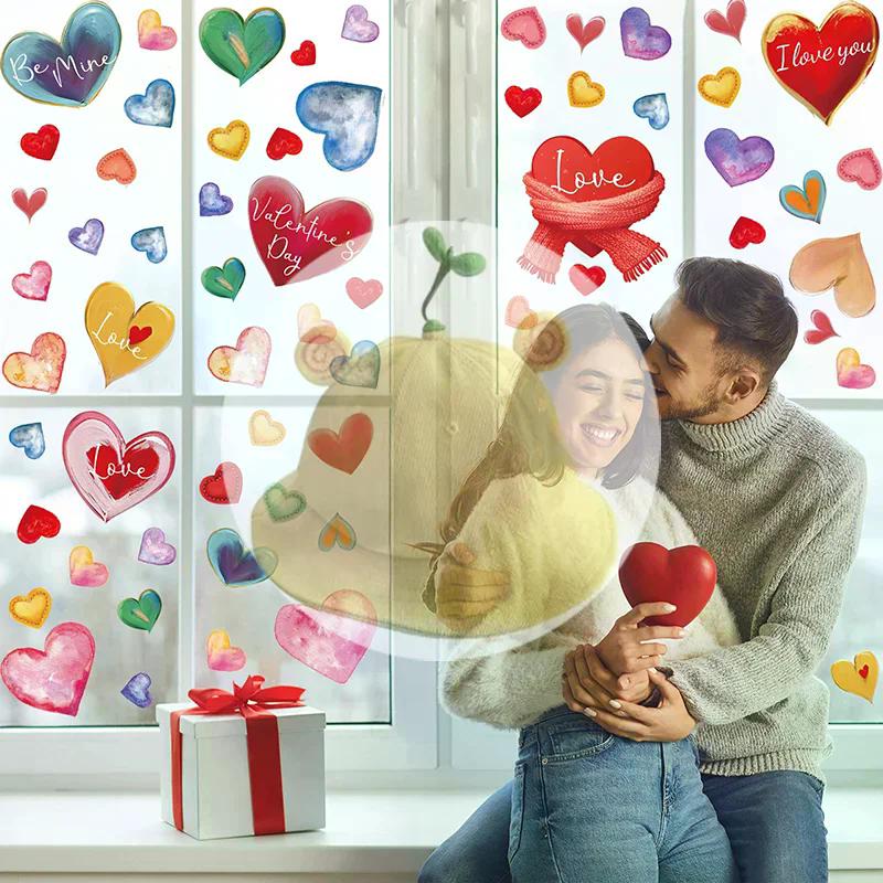 *9Pcs 20x30cm Valentine's Day Window Stickers Cute Watercolor Red Heart Pattern Electrostatic Sticker Wedding Party Home Decor