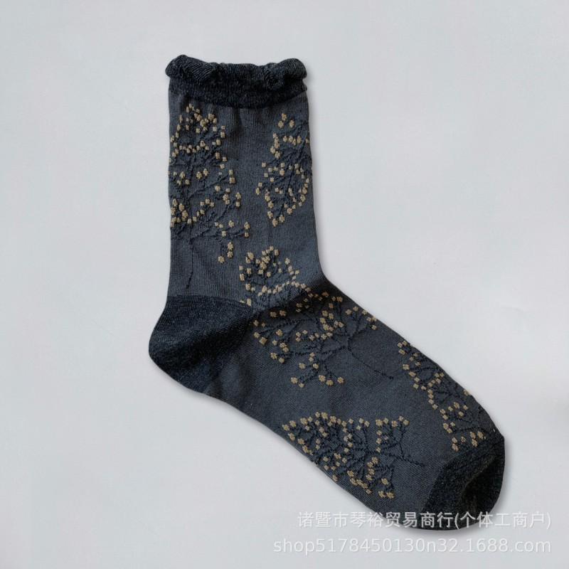 Womens Mid-Calf Socks Japanese Vintage Floral Embossed Artistic Casual