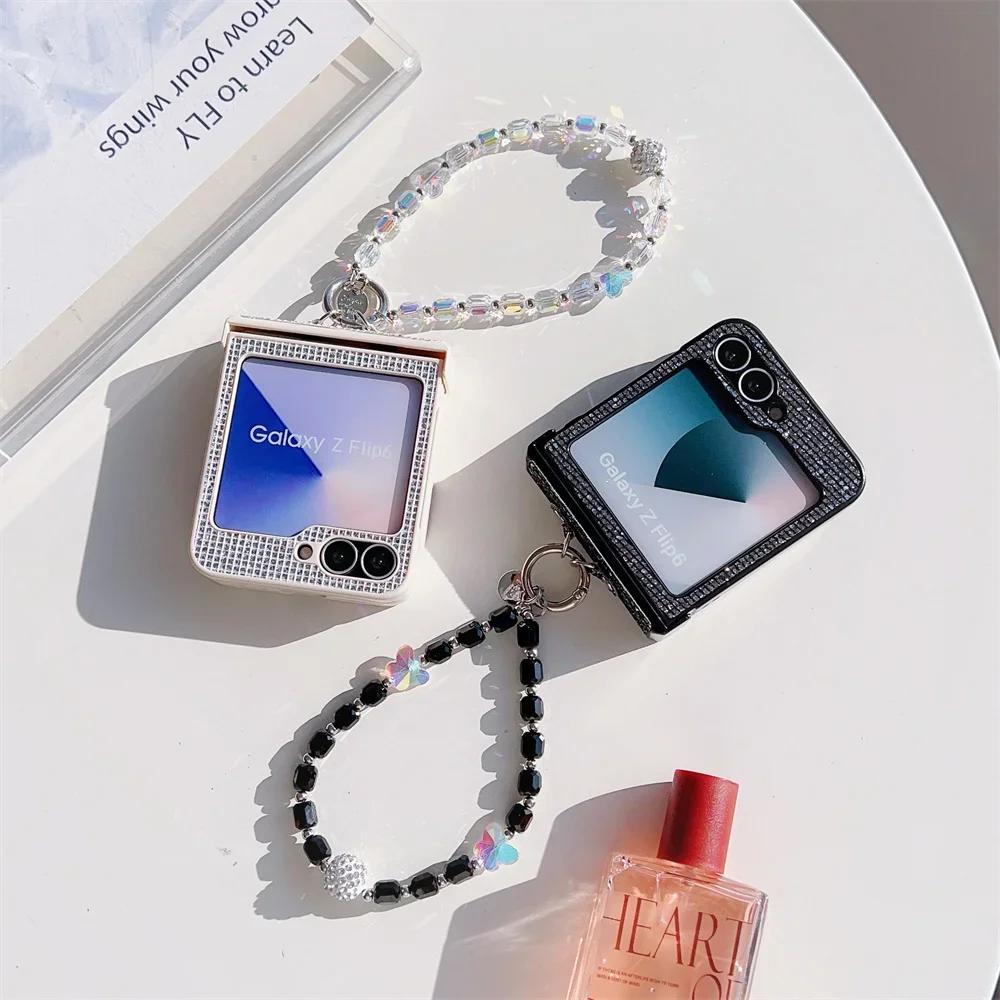 Hinge Protection Leather Phone Case for Samsung Galaxy Z Flip 6 5 4 Flip6 Flip5 Flip4 Flip3 Wrist Strap Plastic Hard Shell Cover