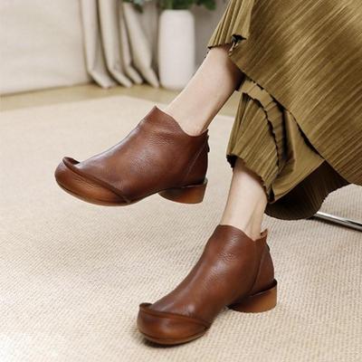 Botas cortas cómodas de suela suave vintage zapatos de tacón bajo con punta redonda de cuero genuino para mujer