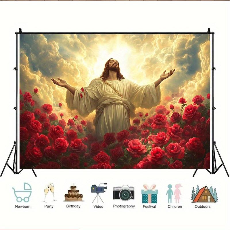 Religious Backdrop Banner, White Robe Figure with Outstretched Arms over Red Roses and Starry Sky, 90.5x70.8 in Polyester Photo Booth Background