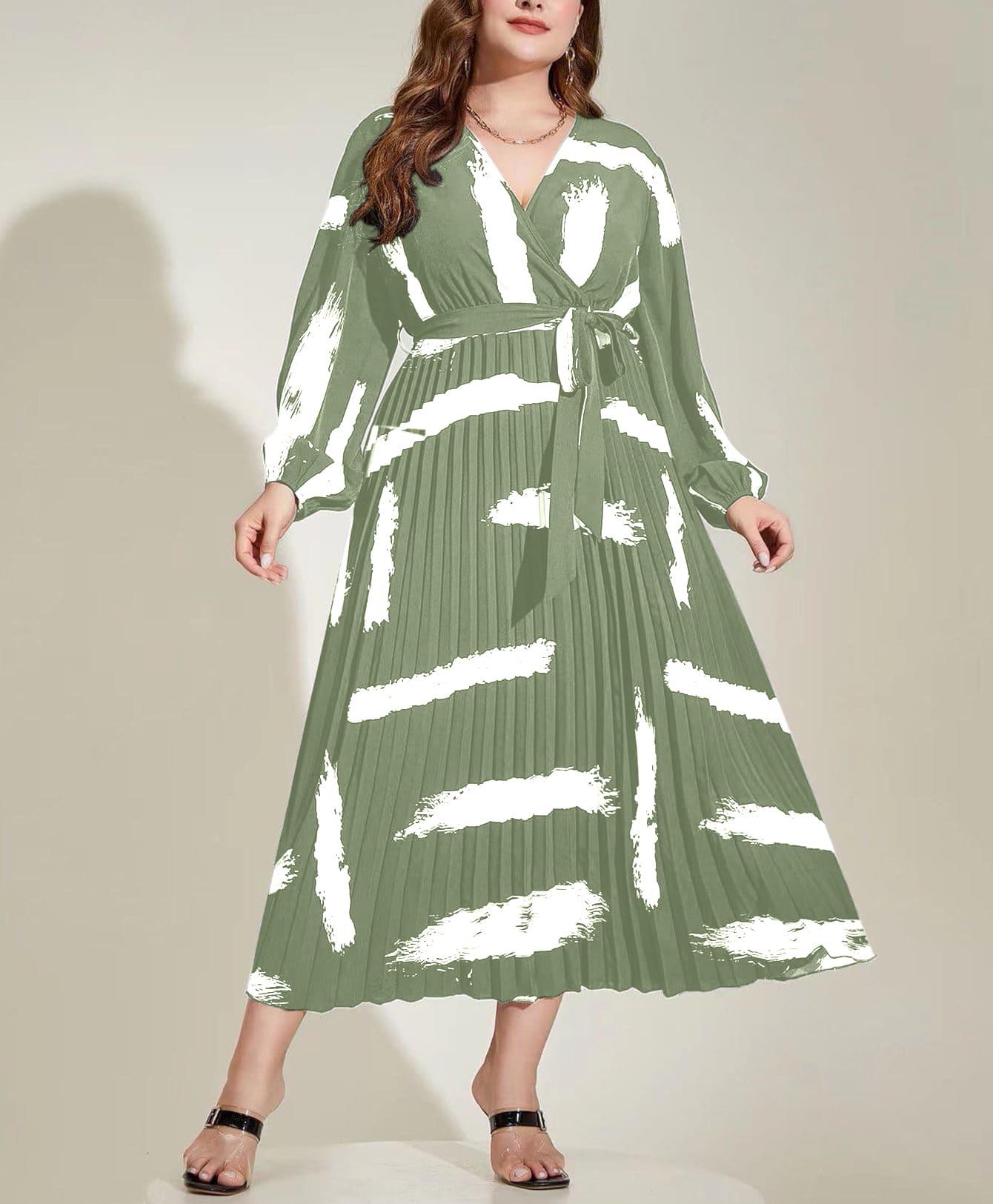 

Plus Size V-neck Pleated Long Dress - Autumn/Winter Collection 0XL зелений