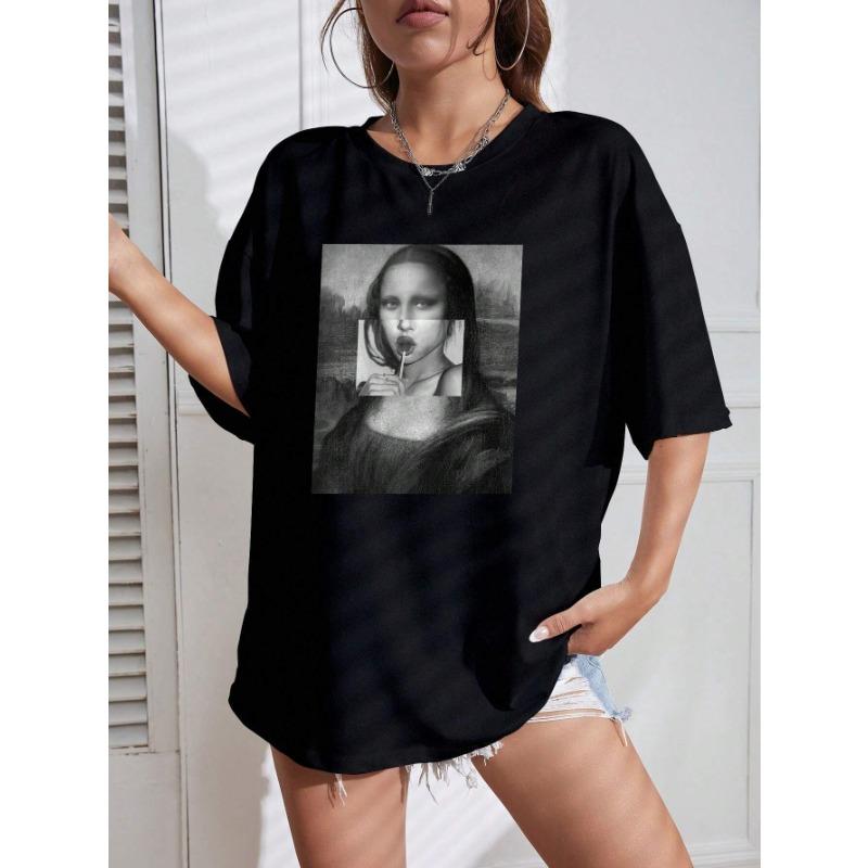 

Combination Summer Fashion Women s Casual Mona Lisa Printed Crew Neck T-Shirt Fashion Casual Tops Clothes 3XL