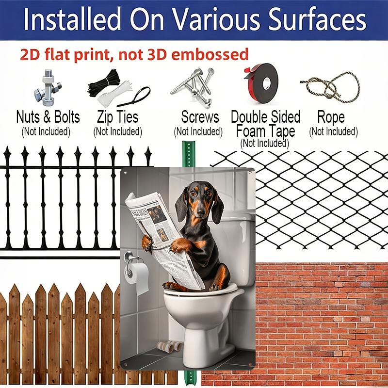 2D Flat Funny Dachshund On Toilet Metal Sign - Humorous Bathroom Wall Decor, Aluminum Hanging for Restroom, Bedroom or Man Cave - Unique Gift Idea