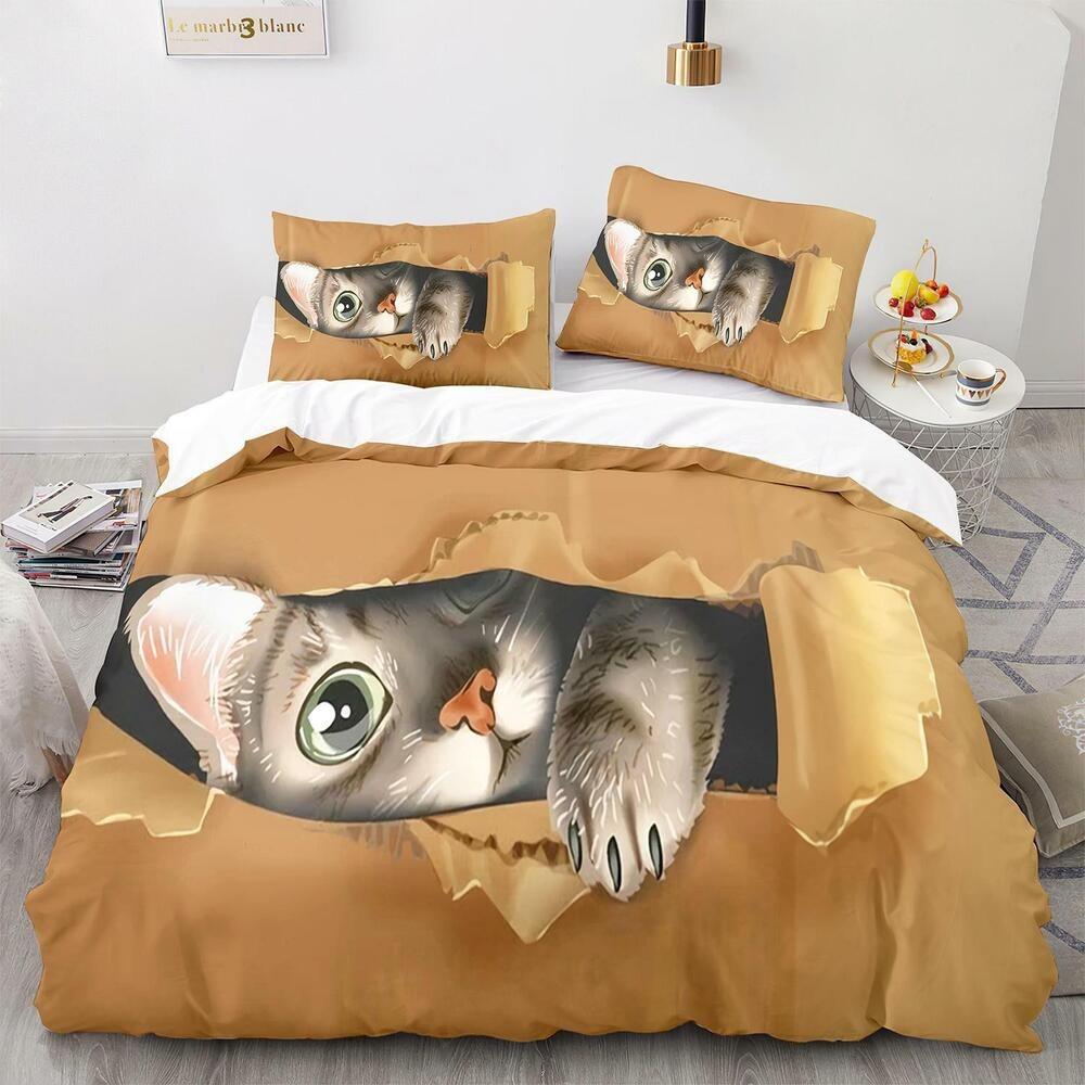 Set Biancheria da Letto 3D per Gatti King Queen Copri Letto Federa 2/3 Pezzi Animale Carino Morbido Copertura Regalo Letto Singolo Letto Matrimoniale