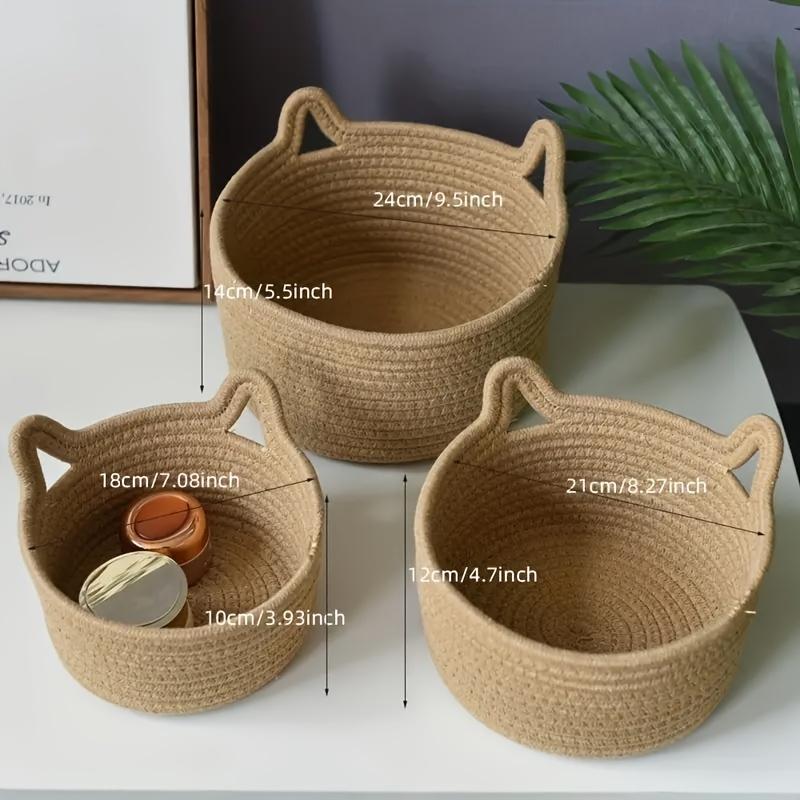 1Pc Adorable Cat Ear Decorative Storage Basket - Durable Cotton Woven Desk Organizer For Stationery, Sundries