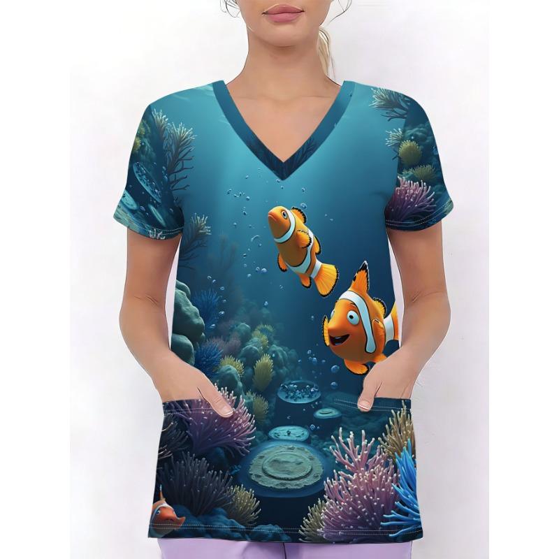 Ladies  elegant and fashionable printed V-neck T-shirt short sleeved S