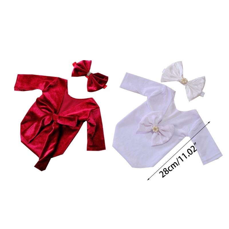 Baby Girls Photo Clothes Long Sleeve Jumpsuit Newborn Costume OnePiece Romper Bowknot Headband Infant Photo Outfit 2pcs