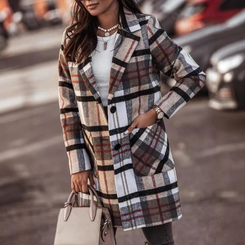 2025 Plaid Woolen Long Overcoat: Autumn/Winter Women's Lapel Outerwear, Single-Breasted Design.