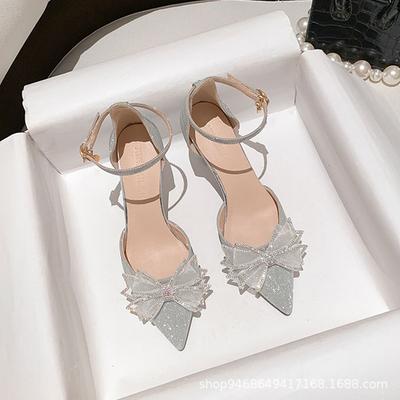Sandals Female Summer New Bag Head Hollow Bow High Heels Fairy Pointed Head Shoes Princess Style Dress Shoes