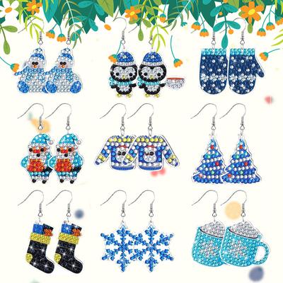9 Pairs Dangle Drop Diamond Art Earring Kit Penguin Double Sided Christmas Trees Snowflake DIY Craft Xmas Party Ornaments Gifts