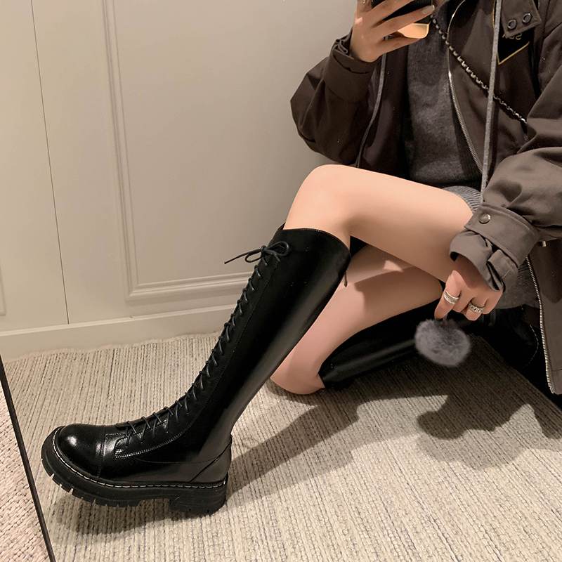 Krazing Pot Buty Jesienno-Zimowe ze Skóry Naturalnej Europejski Design Średnie Obcasy Kozaki Jeździeckie Kobiety Utrzymują Ciepło Kozaki do Uda
