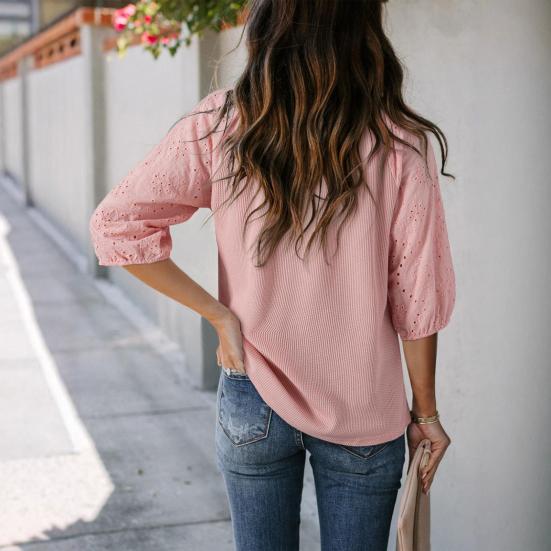 Women T-shirt V-Neck Jacquard Decor 3/4 Sleeves Pullover Tops Solid Color Loose Fit Tops Party Daily Wear