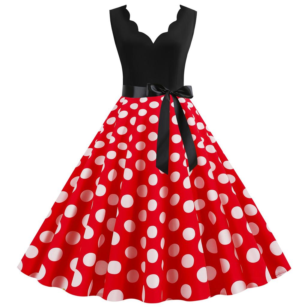 Women's Retro Wave V-Neck Sleeveless Patchwork Polka Dot Printed Large Skirt Dress