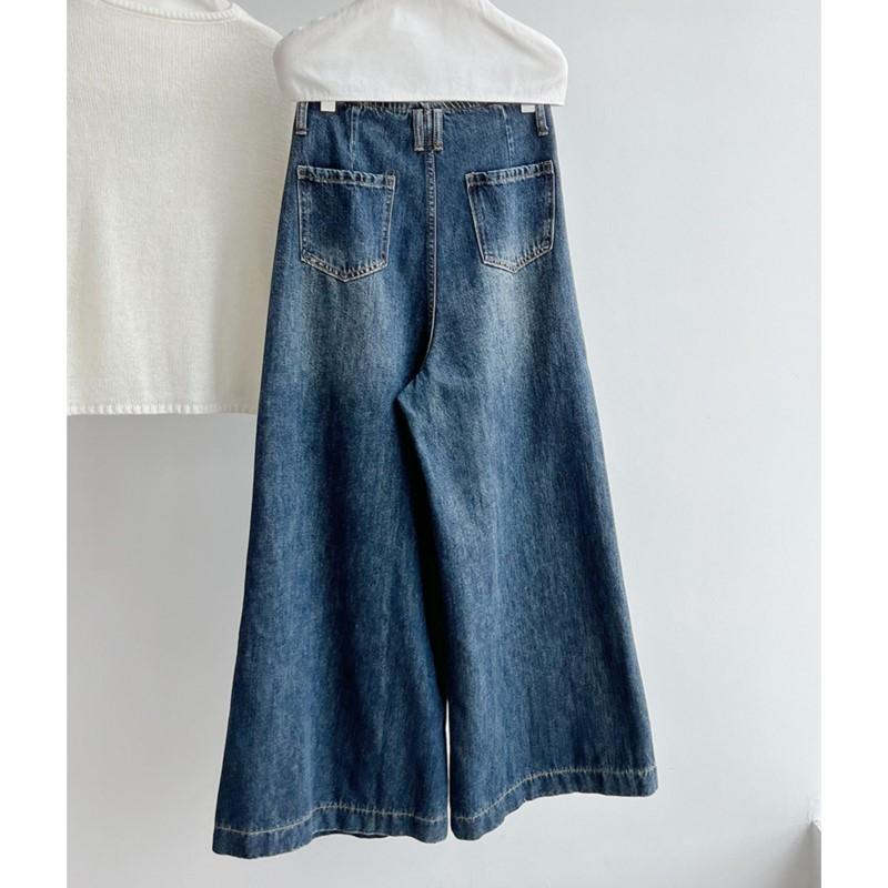 Johnature Retro Casual Washed Jeans Women Autumn Wide-leg Floor-length Pants
