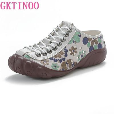GKTINOO Echtleder Ballerinas Damen Sneakers Aushöhlen Schnürschuhe Runde Zehen 2025 Neu Sommer Prägnant Freizeit Retro Handgefertigt Damenschuh