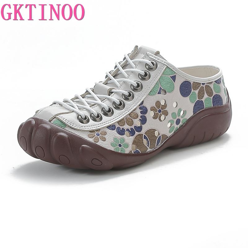 GKTINOO Genuine Leather Flats Women Sneakers Hollow Lace-up Round Toe 2025 New Summer Concise Leisure Retro Handmade Ladies Shoe