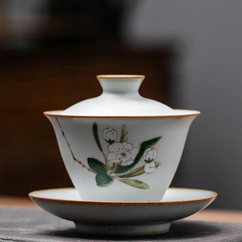 150ml Retro Ru Kiln Ceramic Tea Tureen Handmade Flower Pattern Gaiwan Household Teacup Travel Portable Tea Bowl Chinese Teaware