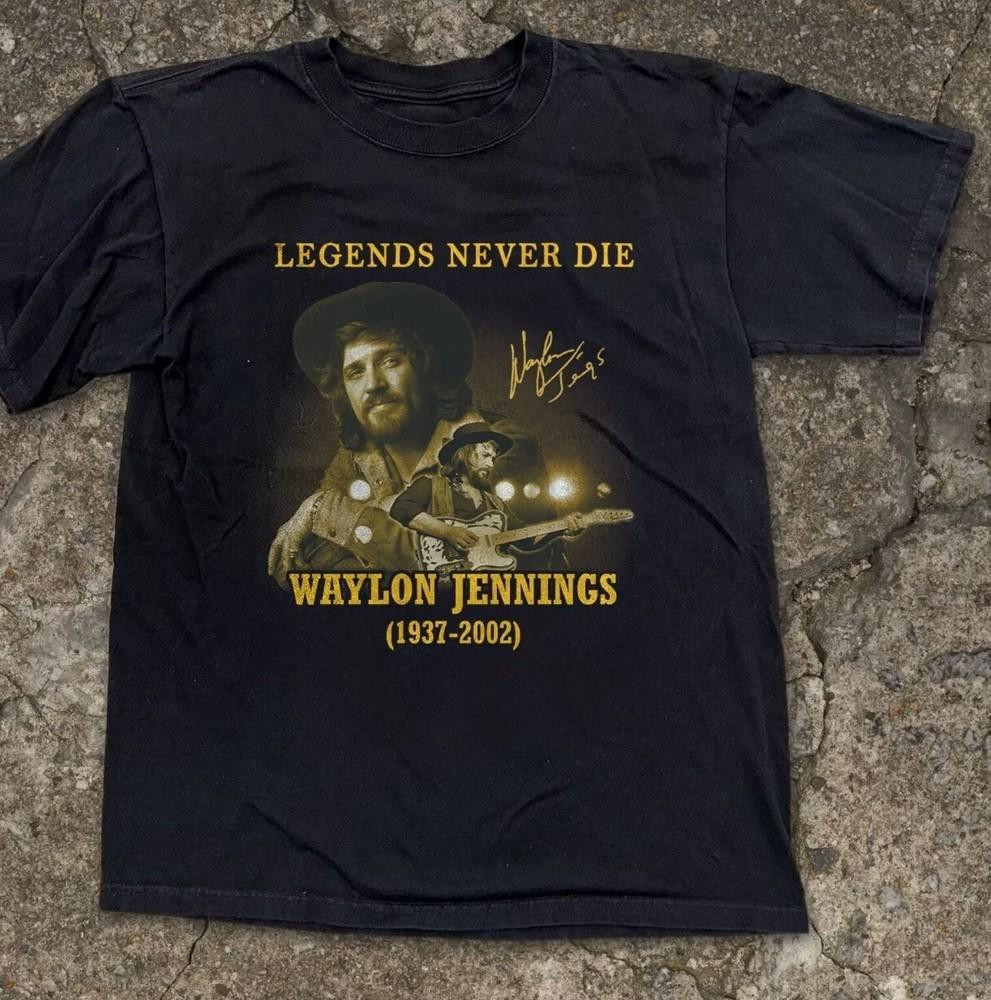 

Waylon Jennings Tee Legends Never Die Unisex Black T-shirt Size XL