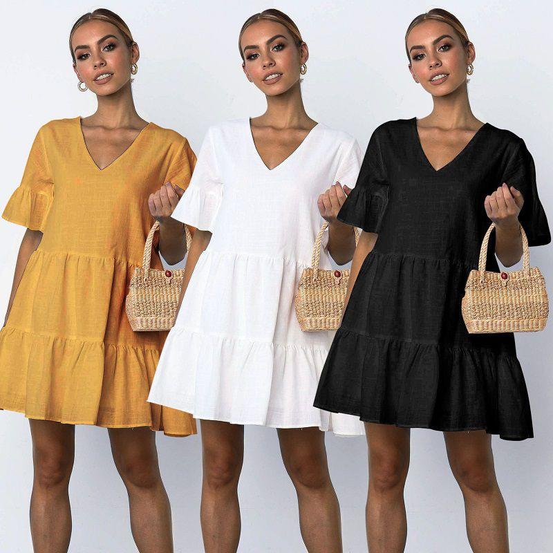 Elegant Women V-neck Plain Smock Dress With Loose Fit And Short Sleeve Design