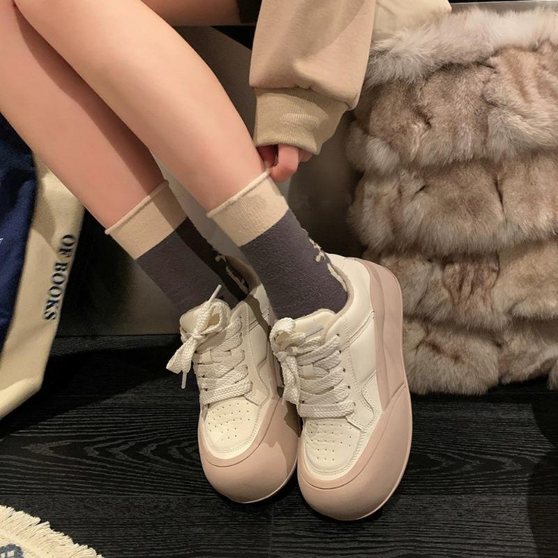 

Uncle Wen cowhide heightening thick sole heightening board shoes casual sports white shoes women s bread shoes 40 абрикосовый