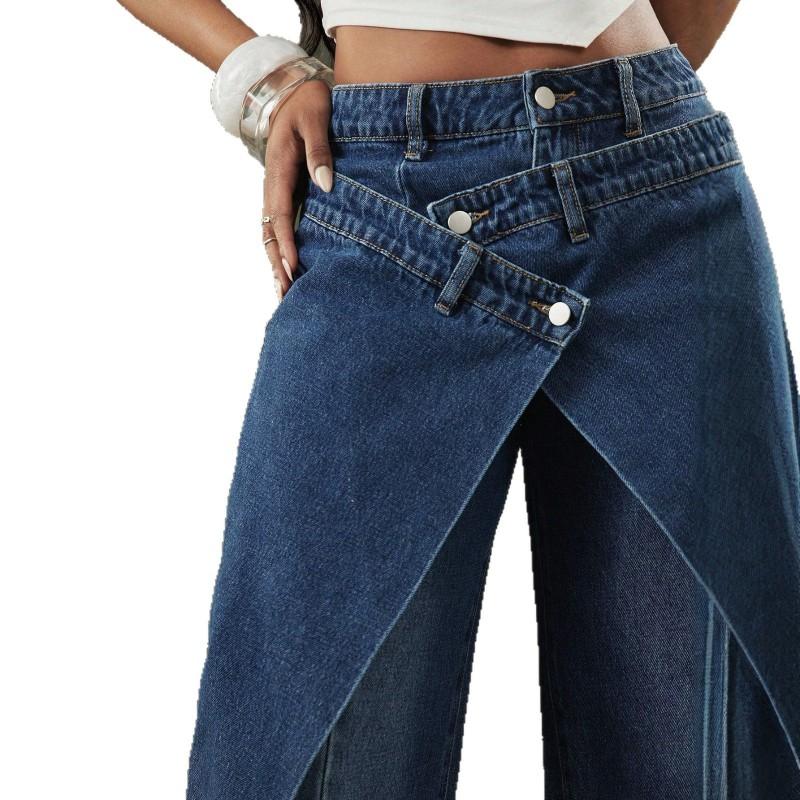 Womens High Waist Wide Leg Jeans Dark Blue Cross Design Straight Long Pants