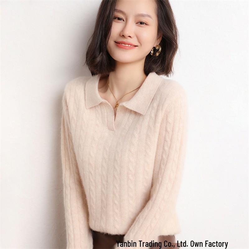 Women's Cable Knit Cashmere Polo Collar Sweater with Lapel and Long Sleeves