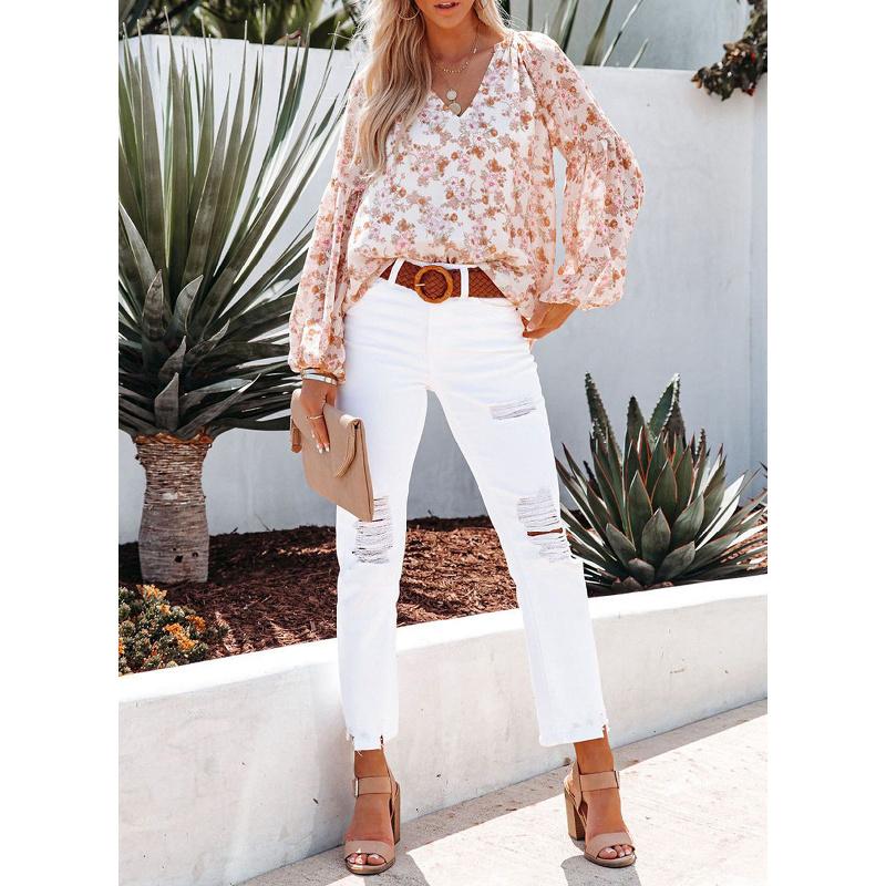 2026 New Spring and Autumn Women's V-neck Chiffon Top Lantern Sleeve Floral Casual T-shirt