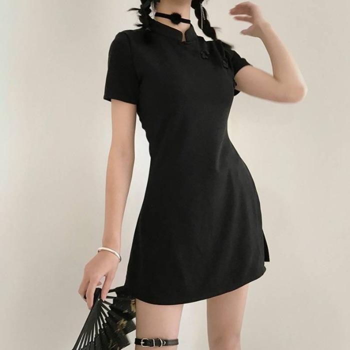 Costume deux pièces Pantalon Style Cheongsam Modifié Robe Noire Mode d'été Rétro Petite Robe Noire