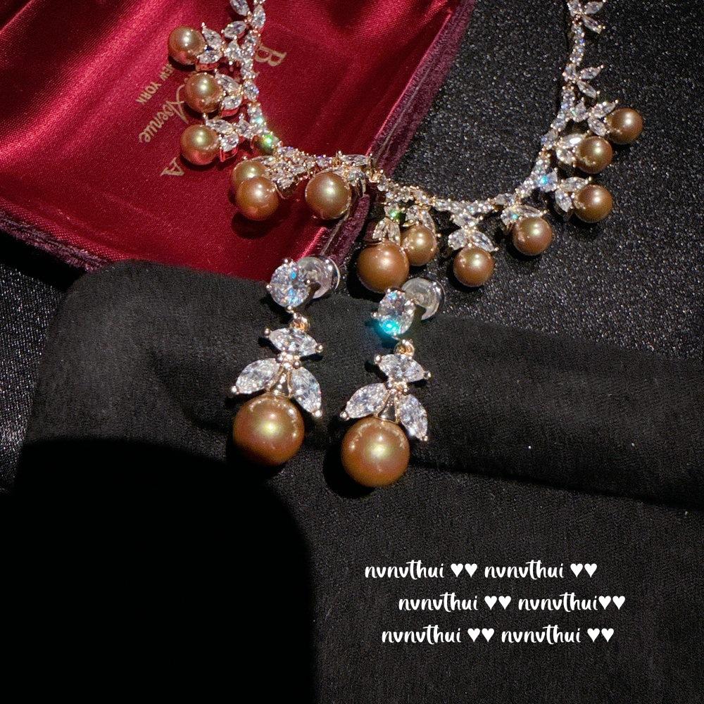 Austrian Court Vine Tea Gold Bead Gem Necklace Vintage Petal Zircon Pearl Earrings Set