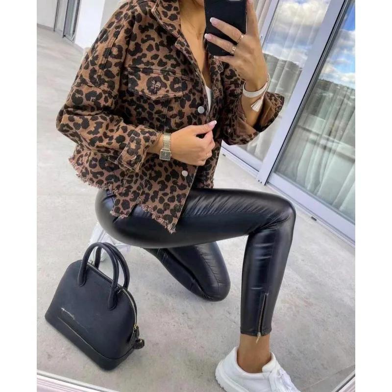 Women  Fashionable and Trendy  Spring Leopard Denim Coat  Women  European and American Style