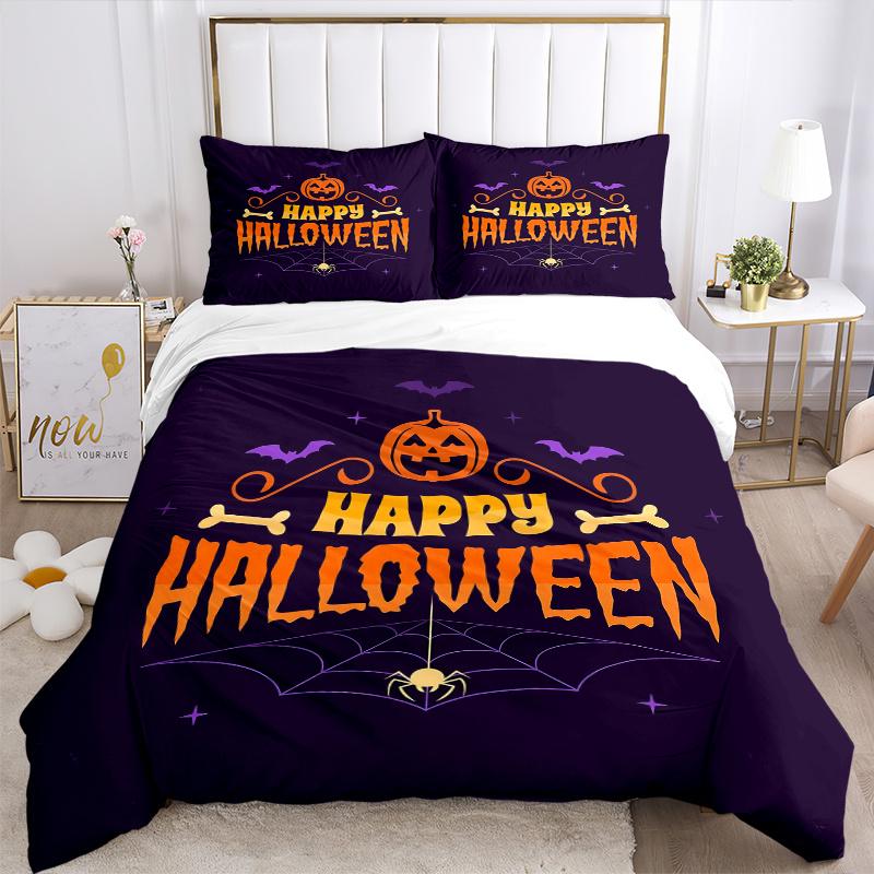 3pcs Featured Happy Halloween Theme Printed Quilt Set - Includes 1 Quilt Cover and 2 Pillowcases, Machine Washable - Suitable for All Seasons.H03