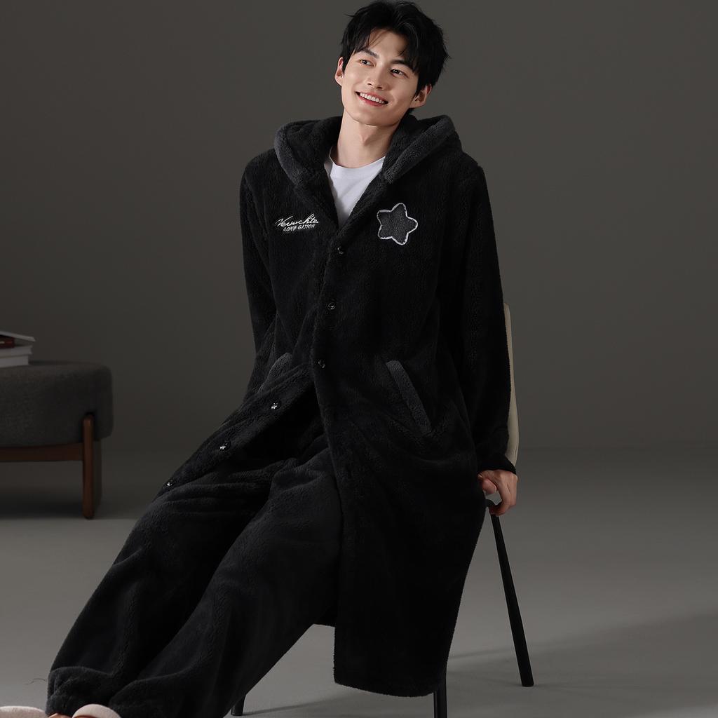 Nightgown Men's Autumn and Winter Coral Fleece Suit Pajamas Winter Hooded Thickened Fleece Flannel Loungewear Warm